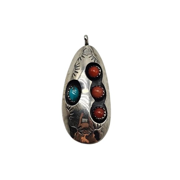 Vintage Navajo Clarence B. Tom? Sterling Silver Pendant Coral Turquoise Stones - Picture 1 of 6